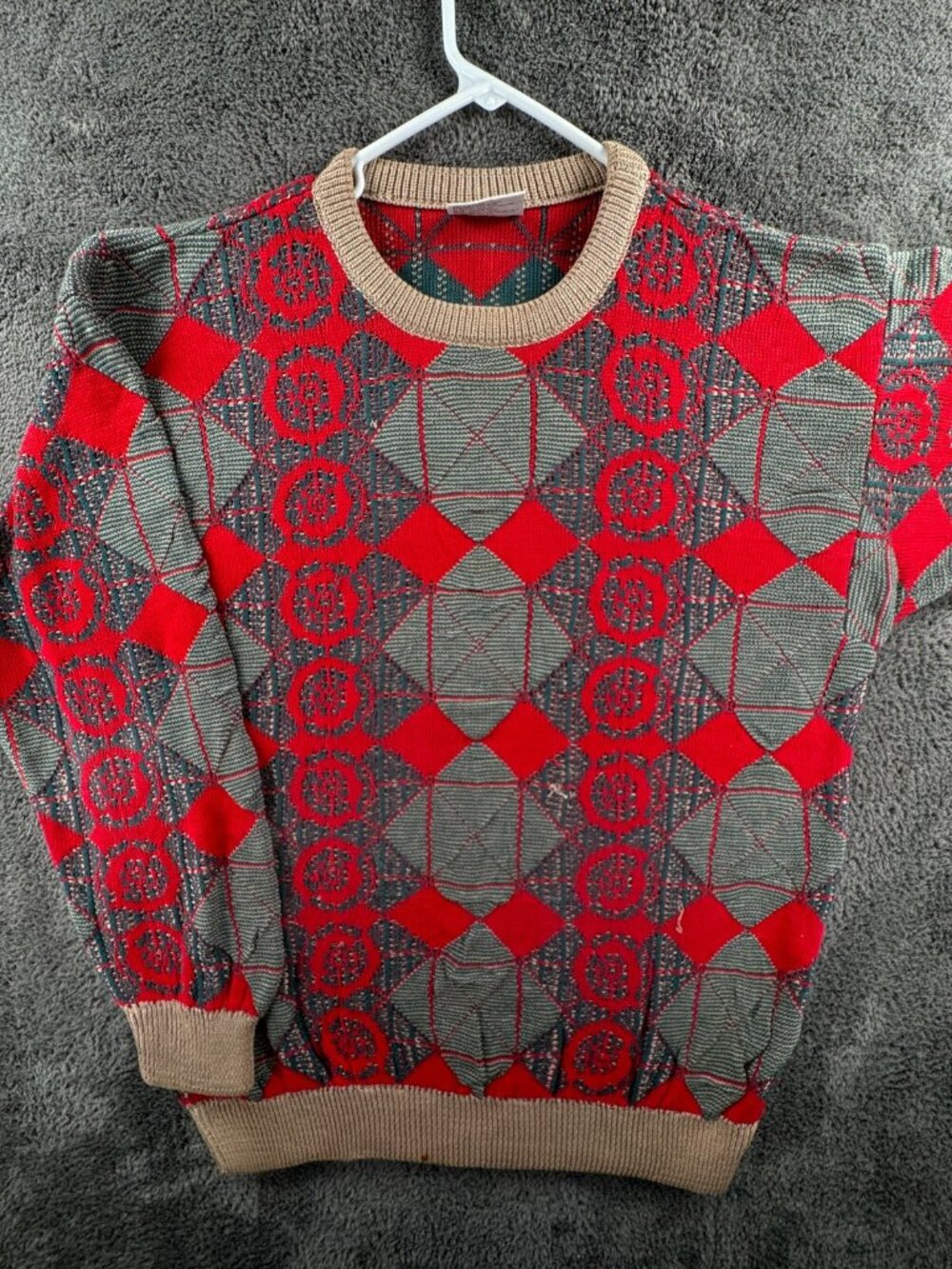 COOGI Australia Authentic Men Knit Sweater Medium Cotton Red Blue Geometric
